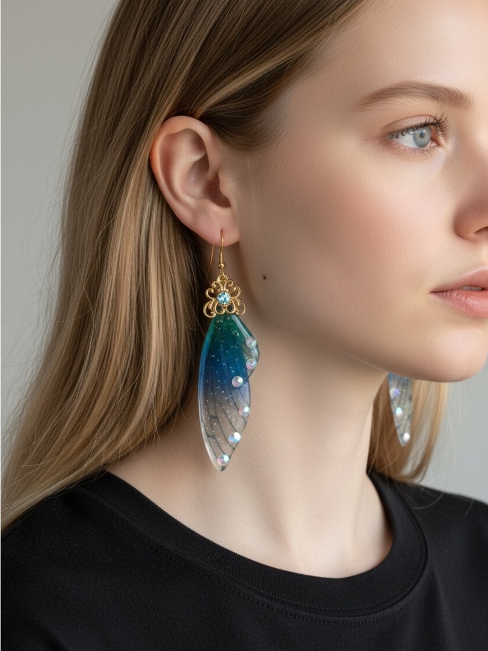 9/20 Gold Drop Earrings with Blue-Green Gradient Leaf and Crystal Accents